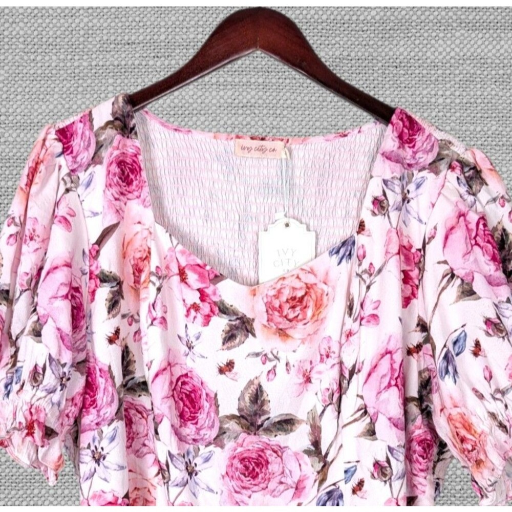 IVY CITY CO Womens 2X Pink Floral Smocked Puff Sleeve Ballerina Top